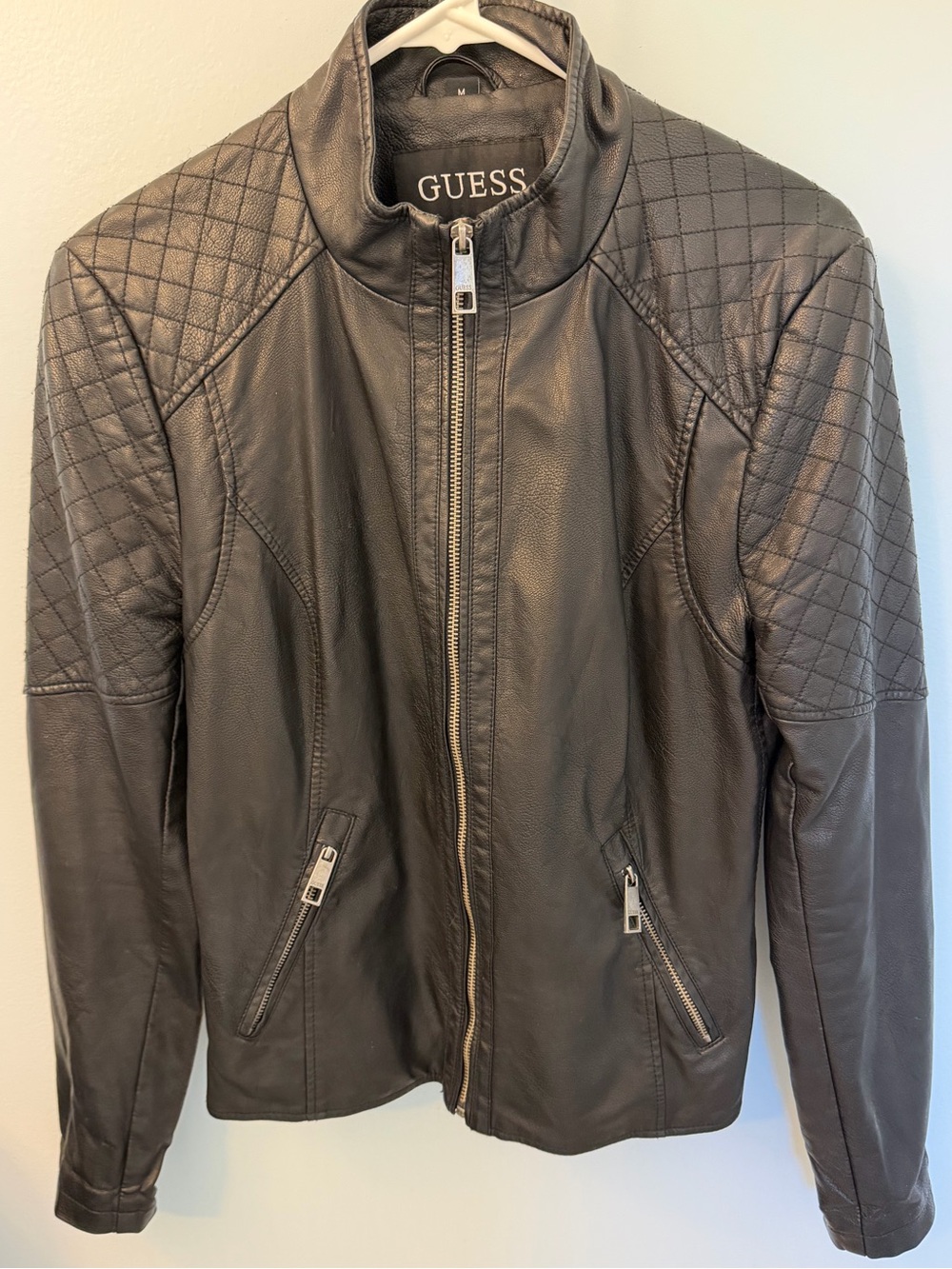 GUESS Black Quilted-Shoulder Leather Jacket
